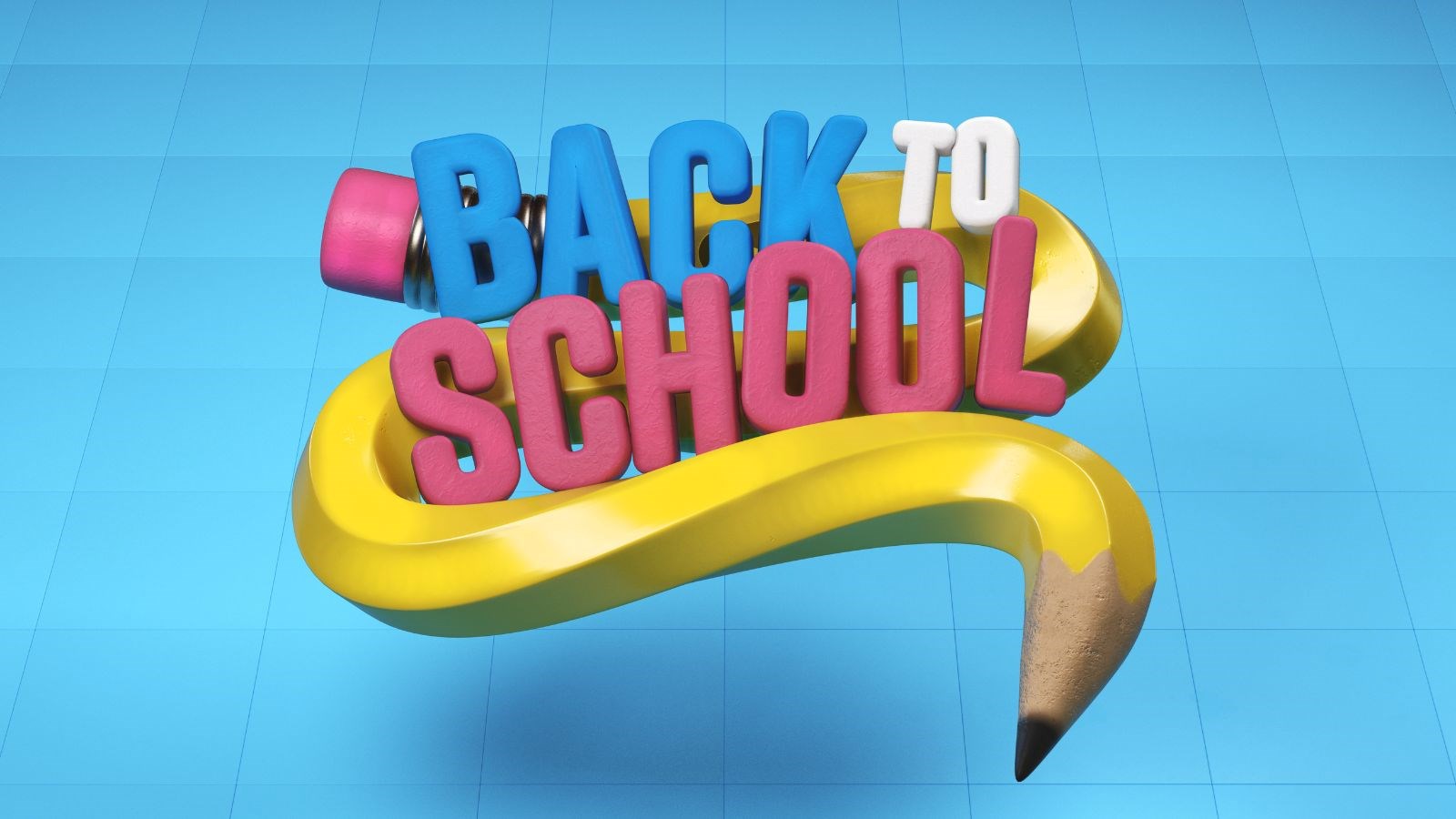 A pencil snaking around back to school text on a blue background.