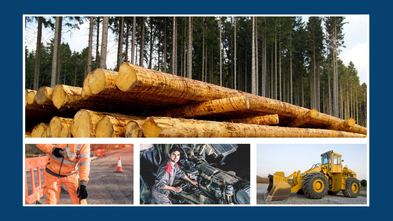 Series of photos of logs, various trades and heavy equipment.
