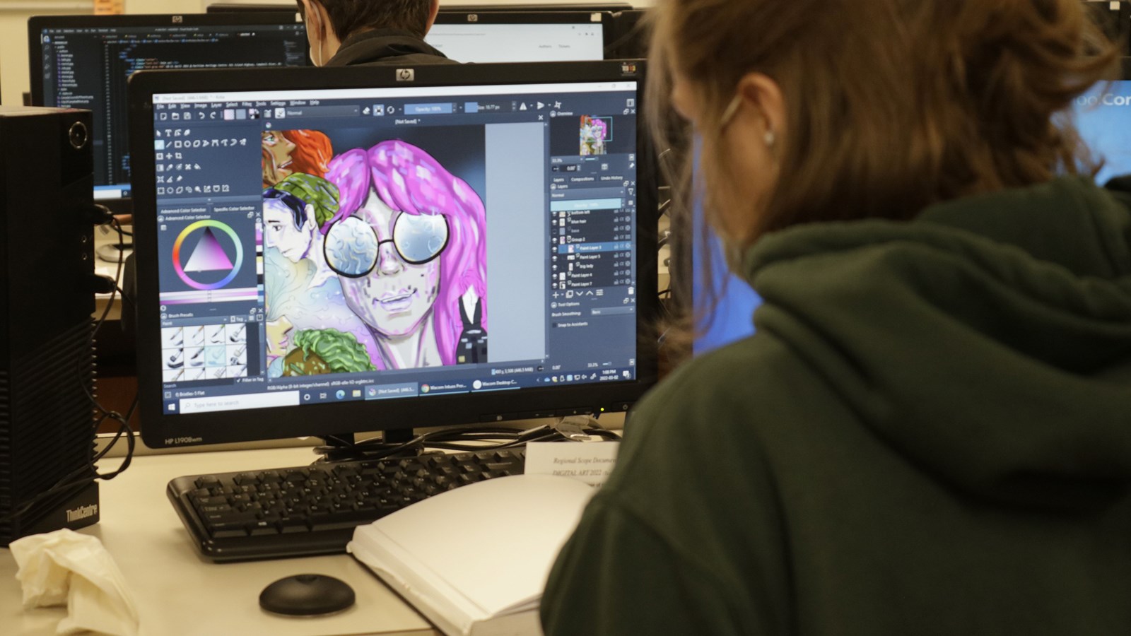 Student working on computer animation.